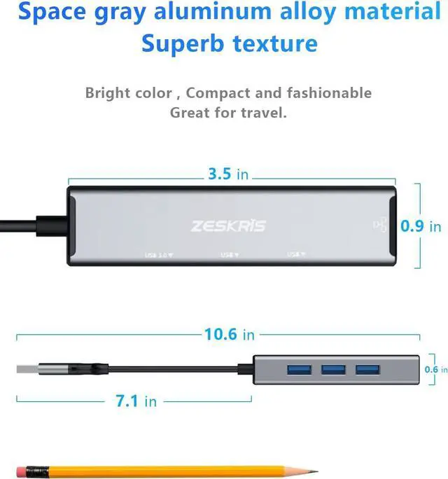 Alt view image 7 of 7 - USB C Hub, ZESKRIS 4-Port USB 3.0 Hub USB C Adapter Splitter with 1 USB 3.0, 2 USB 2.0, RJ45 Ethernet for MacBook Pro/Air, Mac Dongle, Laptop, Steam Deck, PS4/PS5, Dell XPS, ipad Pro and More