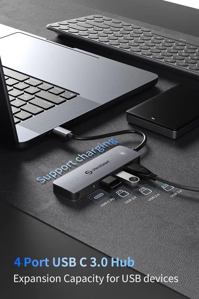 Alt view image 2 of 7 - usb c Hub 4 Ports, UtechSmart Ultra-Slim & Aluminum Adapter with 3 USB 3.0/2.0, 100W Fast Charging, usb c to USB Hub for MacBook Pro/Air, iPad Pro/Air, Dell, HP Laptop and More Type C Devices