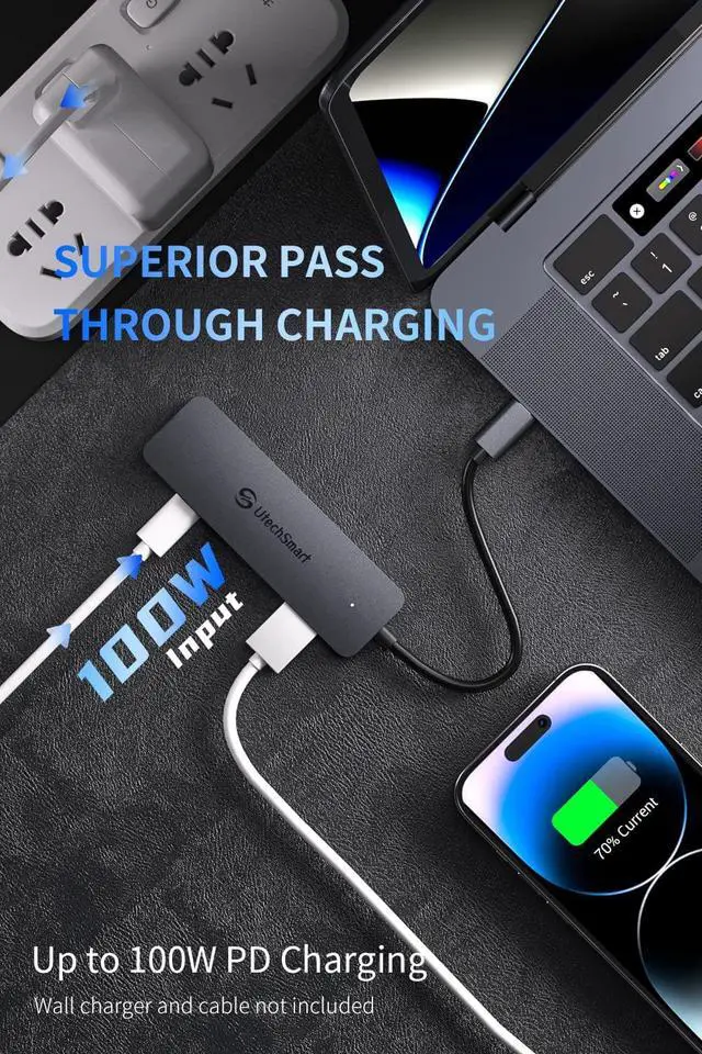 Alt view image 3 of 7 - usb c Hub 4 Ports, UtechSmart Ultra-Slim & Aluminum Adapter with 3 USB 3.0/2.0, 100W Fast Charging, usb c to USB Hub for MacBook Pro/Air, iPad Pro/Air, Dell, HP Laptop and More Type C Devices