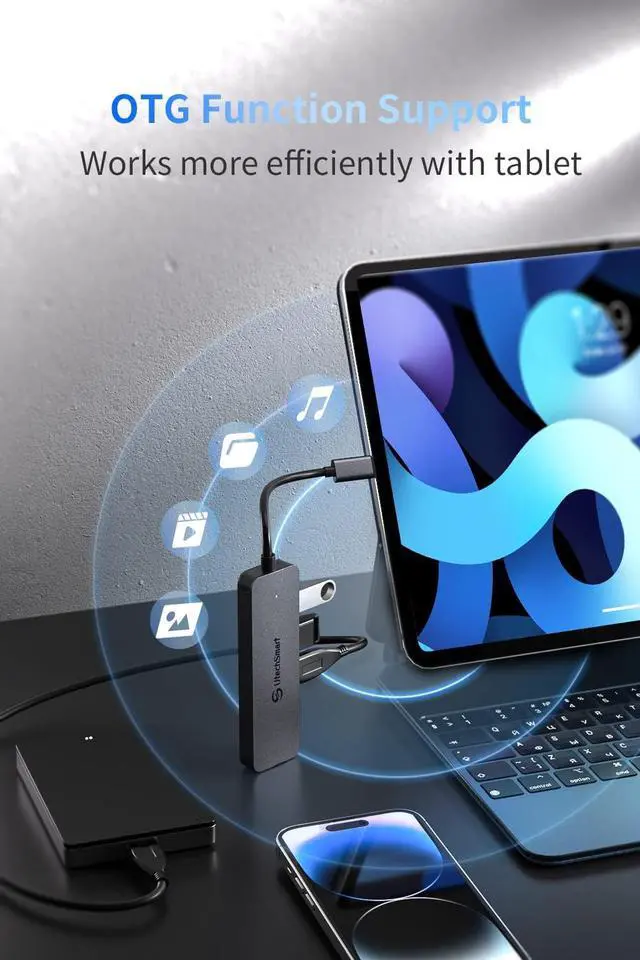 Alt view image 5 of 7 - usb c Hub 4 Ports, UtechSmart Ultra-Slim & Aluminum Adapter with 3 USB 3.0/2.0, 100W Fast Charging, usb c to USB Hub for MacBook Pro/Air, iPad Pro/Air, Dell, HP Laptop and More Type C Devices