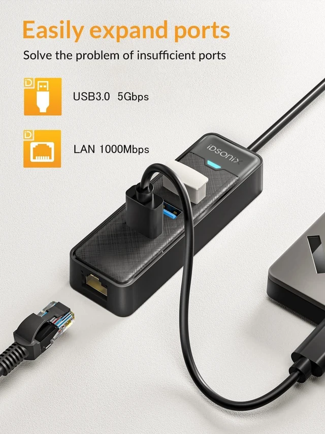 Alt view image 2 of 6 - USB 3.0 to Ethernet Adapter, iDsonix 3-Port USB 3.0 Hub with RJ45 10/100/1000 Gigabit Ethernet Adapter for Laptop, Support Windows, Mac OS, Surface Pro, Linux, XPS and More