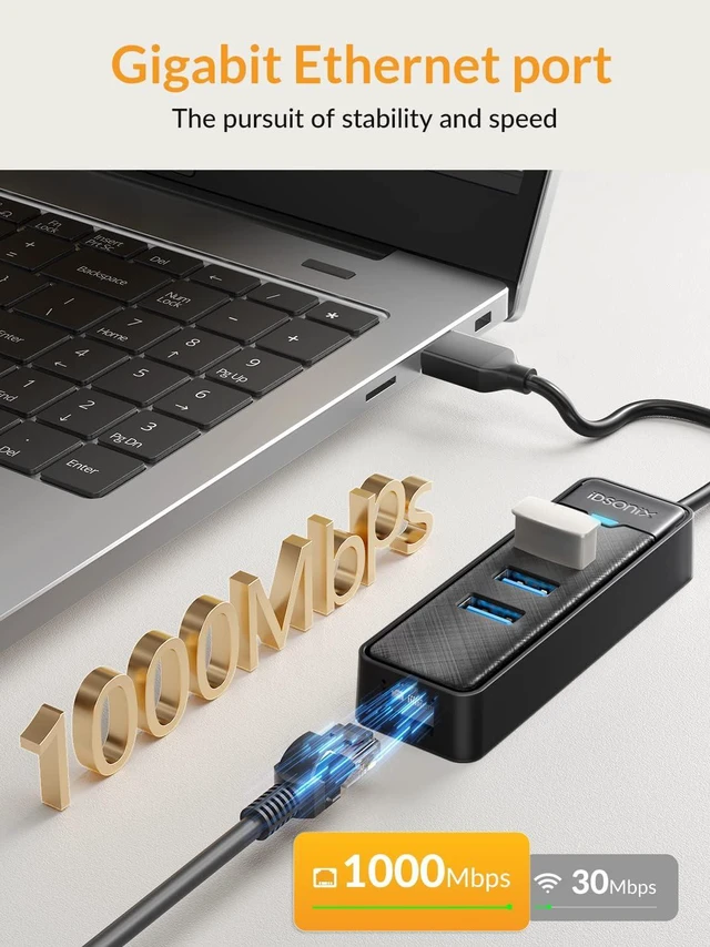 Alt view image 3 of 6 - USB 3.0 to Ethernet Adapter, iDsonix 3-Port USB 3.0 Hub with RJ45 10/100/1000 Gigabit Ethernet Adapter for Laptop, Support Windows, Mac OS, Surface Pro, Linux, XPS and More