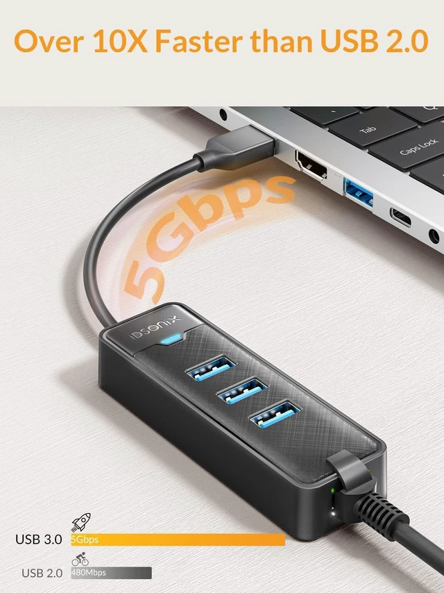 Alt view image 4 of 6 - USB 3.0 to Ethernet Adapter, iDsonix 3-Port USB 3.0 Hub with RJ45 10/100/1000 Gigabit Ethernet Adapter for Laptop, Support Windows, Mac OS, Surface Pro, Linux, XPS and More