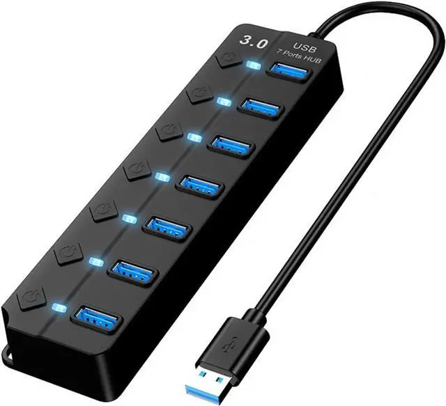 Main image of USB 3.0 Hub, USB Port Hub 7 Ports USB Hub for PC, USB Splitter Extender with Individual On/Off Switches Compatible for MacBook, Laptop, Computer, Flash Drive, Mobile HDD, More (7Port USB 3.0 Hub)