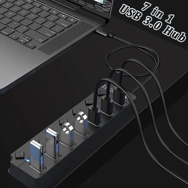Alt view image 2 of 7 - USB 3.0 Hub, USB Port Hub 7 Ports USB Hub for PC, USB Splitter Extender with Individual On/Off Switches Compatible for MacBook, Laptop, Computer, Flash Drive, Mobile HDD, More (7Port USB 3.0 Hub)