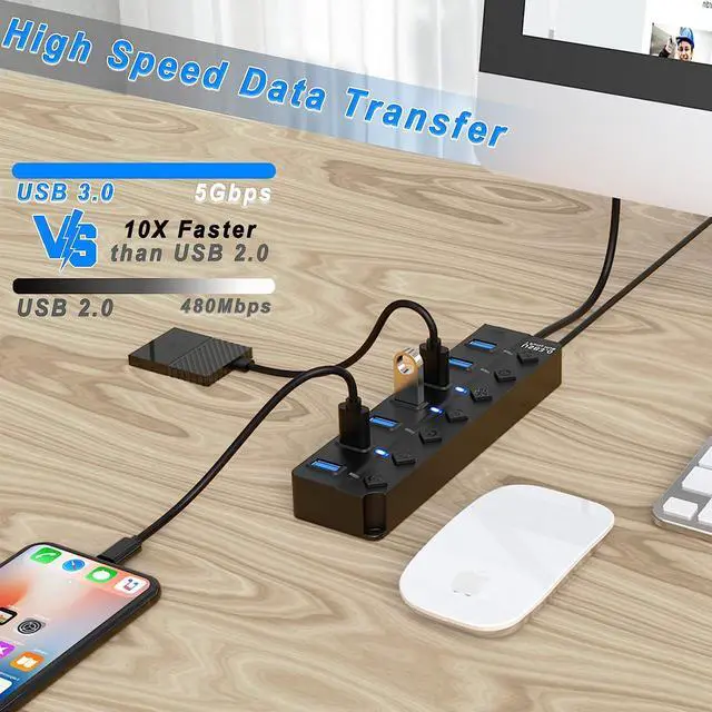 Alt view image 3 of 7 - USB 3.0 Hub, USB Port Hub 7 Ports USB Hub for PC, USB Splitter Extender with Individual On/Off Switches Compatible for MacBook, Laptop, Computer, Flash Drive, Mobile HDD, More (7Port USB 3.0 Hub)