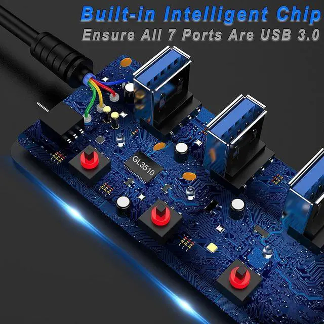 Alt view image 4 of 7 - USB 3.0 Hub, USB Port Hub 7 Ports USB Hub for PC, USB Splitter Extender with Individual On/Off Switches Compatible for MacBook, Laptop, Computer, Flash Drive, Mobile HDD, More (7Port USB 3.0 Hub)