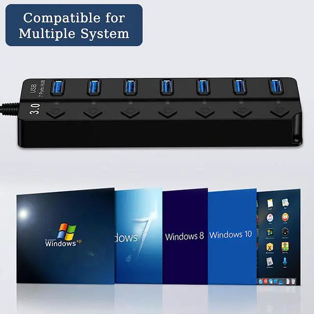 Alt view image 6 of 7 - USB 3.0 Hub, USB Port Hub 7 Ports USB Hub for PC, USB Splitter Extender with Individual On/Off Switches Compatible for MacBook, Laptop, Computer, Flash Drive, Mobile HDD, More (7Port USB 3.0 Hub)