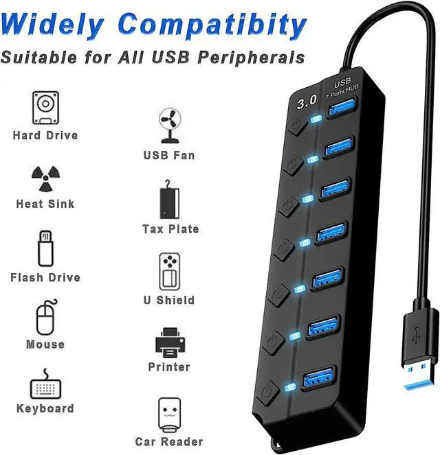 Alt view image 7 of 7 - USB 3.0 Hub, USB Port Hub 7 Ports USB Hub for PC, USB Splitter Extender with Individual On/Off Switches Compatible for MacBook, Laptop, Computer, Flash Drive, Mobile HDD, More (7Port USB 3.0 Hub)