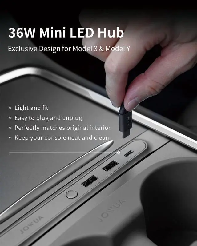 Alt view image 2 of 7 - JOWUA Mini LED Hub Bar Compatible for 2021-2023 Tesla Model Y & Model 3, 1 USB-C Port, 2 USB-A Ports (36w)