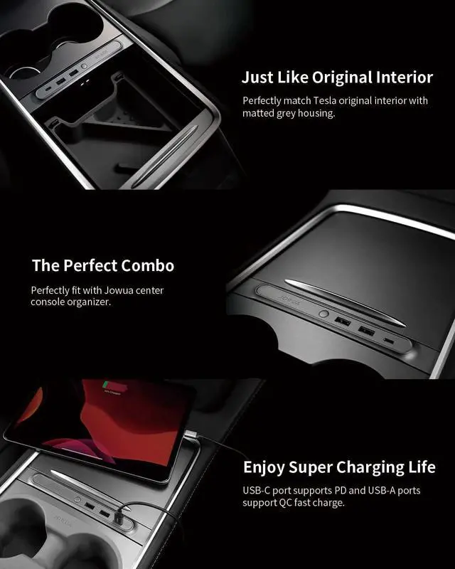 Alt view image 3 of 7 - JOWUA Mini LED Hub Bar Compatible for 2021-2023 Tesla Model Y & Model 3, 1 USB-C Port, 2 USB-A Ports (36w)