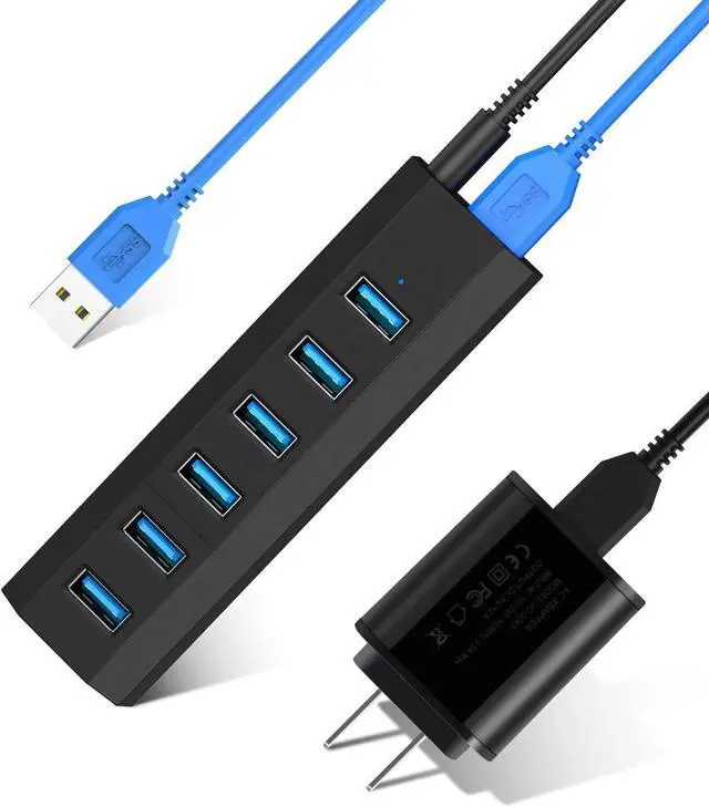 Main image of USB Hub, Aiibe 6 Ports Super High Speed USB 3.0 Hub Splitter + 10W Power Adapter + USB 3.0 Cable, Black Smart Fast Charger Powered USB Hub for Laptop, Mac, PC, Mobile HDD, Mulitple Devices