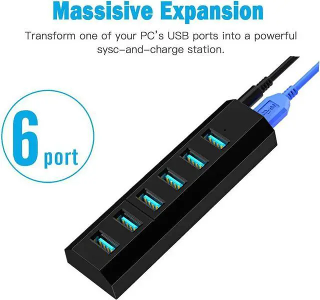 Alt view image 2 of 7 - USB Hub, Aiibe 6 Ports Super High Speed USB 3.0 Hub Splitter + 10W Power Adapter + USB 3.0 Cable, Black Smart Fast Charger Powered USB Hub for Laptop, Mac, PC, Mobile HDD, Mulitple Devices