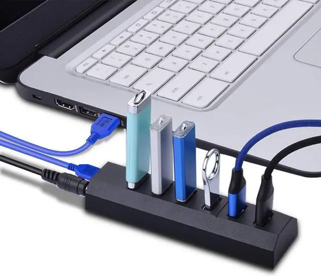 Alt view image 6 of 7 - USB Hub, Aiibe 6 Ports Super High Speed USB 3.0 Hub Splitter + 10W Power Adapter + USB 3.0 Cable, Black Smart Fast Charger Powered USB Hub for Laptop, Mac, PC, Mobile HDD, Mulitple Devices