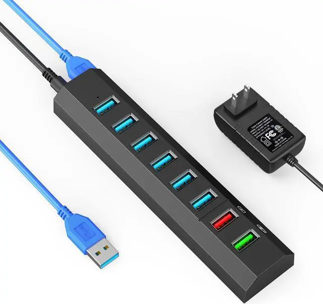 Main image of Powered USB Hub, Aiibe 8-Port USB Hub 3.0 Powered USB Splitter with 2 Fast Charging Ports + 12V/3A Power Adapter + USB 3.0 Cable, USB Hub Powered 36W Adapter for Laptop, Mac, PC, Mobile HDD (Black)