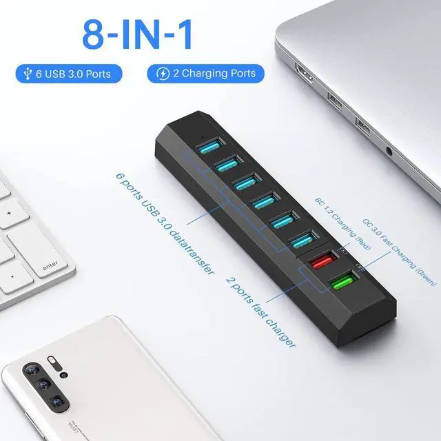 Alt view image 2 of 7 - Powered USB Hub, Aiibe 8-Port USB Hub 3.0 Powered USB Splitter with 2 Fast Charging Ports + 12V/3A Power Adapter + USB 3.0 Cable, USB Hub Powered 36W Adapter for Laptop, Mac, PC, Mobile HDD (Black)
