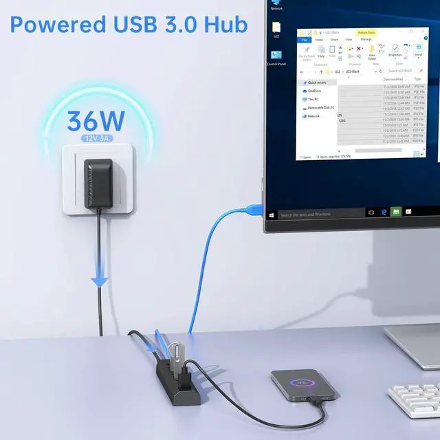 Alt view image 3 of 7 - Powered USB Hub, Aiibe 8-Port USB Hub 3.0 Powered USB Splitter with 2 Fast Charging Ports + 12V/3A Power Adapter + USB 3.0 Cable, USB Hub Powered 36W Adapter for Laptop, Mac, PC, Mobile HDD (Black)