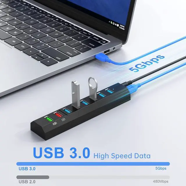 Alt view image 5 of 7 - Powered USB Hub, Aiibe 8-Port USB Hub 3.0 Powered USB Splitter with 2 Fast Charging Ports + 12V/3A Power Adapter + USB 3.0 Cable, USB Hub Powered 36W Adapter for Laptop, Mac, PC, Mobile HDD (Black)