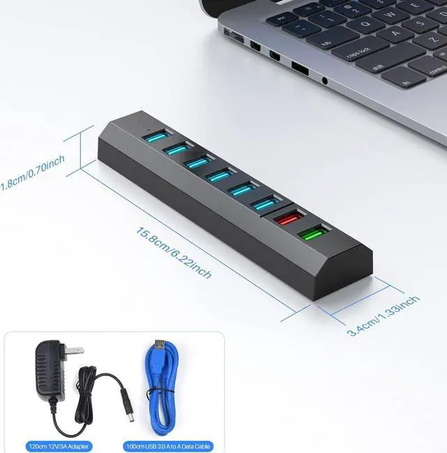 Alt view image 7 of 7 - Powered USB Hub, Aiibe 8-Port USB Hub 3.0 Powered USB Splitter with 2 Fast Charging Ports + 12V/3A Power Adapter + USB 3.0 Cable, USB Hub Powered 36W Adapter for Laptop, Mac, PC, Mobile HDD (Black)