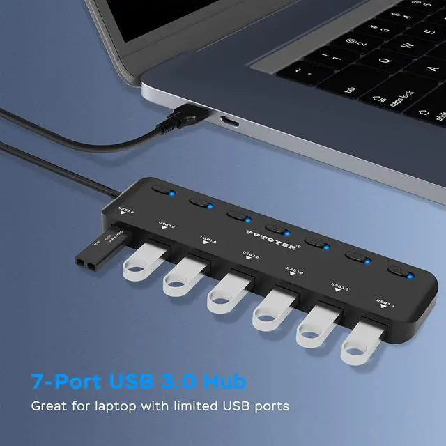 Alt view image 2 of 7 - USB Hub 3.0 Splitter, 7-Port USB Extender for Laptop, VVTOYER USB Multiport Adapter Expander with Individual Power Switch and 3.3ft Long Cable, for MacBook, Mac Pro, Mac Mini, iMac, Surface, PS4, PC