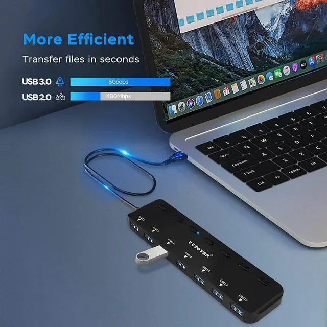 Alt view image 3 of 7 - USB Hub 3.0 Splitter, 7-Port USB Extender for Laptop, VVTOYER USB Multiport Adapter Expander with Individual Power Switch and 3.3ft Long Cable, for MacBook, Mac Pro, Mac Mini, iMac, Surface, PS4, PC