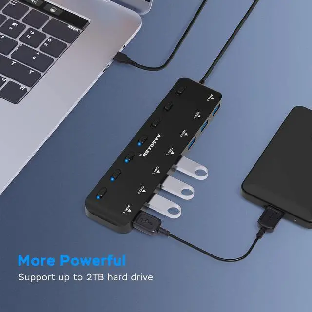 Alt view image 4 of 7 - USB Hub 3.0 Splitter, 7-Port USB Extender for Laptop, VVTOYER USB Multiport Adapter Expander with Individual Power Switch and 3.3ft Long Cable, for MacBook, Mac Pro, Mac Mini, iMac, Surface, PS4, PC