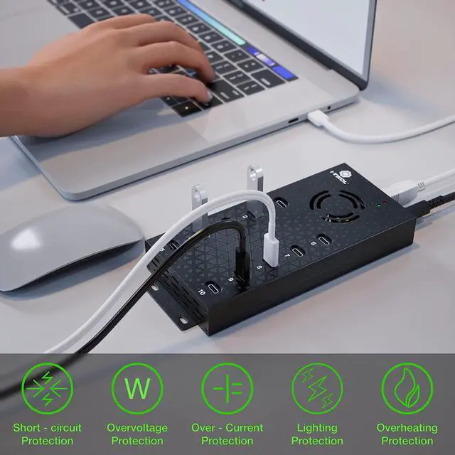 Alt view image 2 of 7 - USB 2.0 Hub Type-C Multi Safety 10 Ports Powered, with AC Adapter, Aluminum USB Splitter with Cooling Fan - Type C for Laptops & PC, PC,Flash Drives, HDD, Hard Drive, Mouse, XPS, Xbox, Keyboard