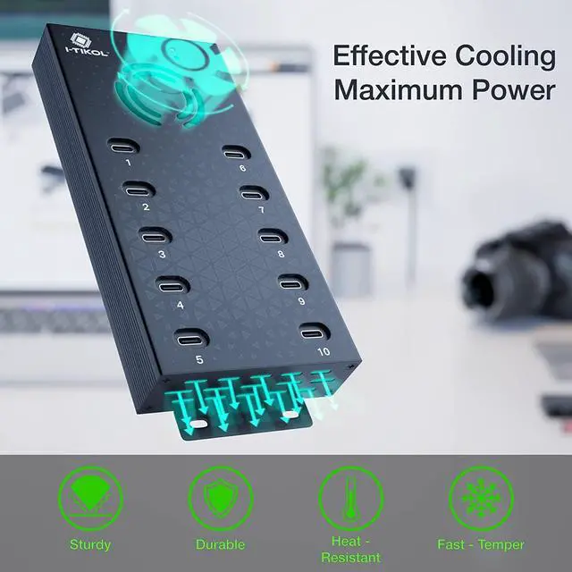 Alt view image 5 of 7 - USB 2.0 Hub Type-C Multi Safety 10 Ports Powered, with AC Adapter, Aluminum USB Splitter with Cooling Fan - Type C for Laptops & PC, PC,Flash Drives, HDD, Hard Drive, Mouse, XPS, Xbox, Keyboard
