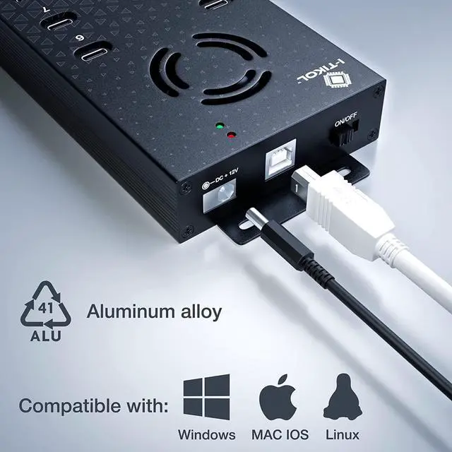 Alt view image 6 of 7 - USB 2.0 Hub Type-C Multi Safety 10 Ports Powered, with AC Adapter, Aluminum USB Splitter with Cooling Fan - Type C for Laptops & PC, PC,Flash Drives, HDD, Hard Drive, Mouse, XPS, Xbox, Keyboard