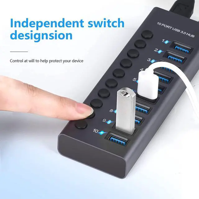 Alt view image 3 of 7 - Powered USB Hub, USB-C Adapter 10 Port Data USB Hub aus Zum Laden und zur with 3ft Extended Cable,Charging Not Supported, Mehrfach Ports USB 3.0 Verteiler mit NetzteilMac Pro, Mobile HDD