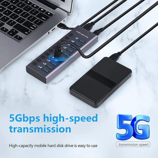 Alt view image 4 of 7 - Powered USB Hub, USB-C Adapter 10 Port Data USB Hub aus Zum Laden und zur with 3ft Extended Cable,Charging Not Supported, Mehrfach Ports USB 3.0 Verteiler mit NetzteilMac Pro, Mobile HDD