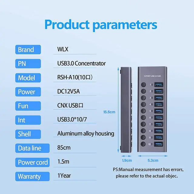 Alt view image 5 of 7 - Powered USB Hub, USB-C Adapter 10 Port Data USB Hub aus Zum Laden und zur with 3ft Extended Cable,Charging Not Supported, Mehrfach Ports USB 3.0 Verteiler mit NetzteilMac Pro, Mobile HDD
