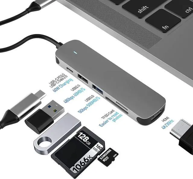 Alt view image 2 of 7 - USB C HUB, Docking Station 6 in 1 with USB 3.0 Port, USB-C Port/PD, 4K HDMI and SD/TF Card Reader, USB C Adapter Compatible with MacBook Pro/Air Laptops and Other Type-C Devices