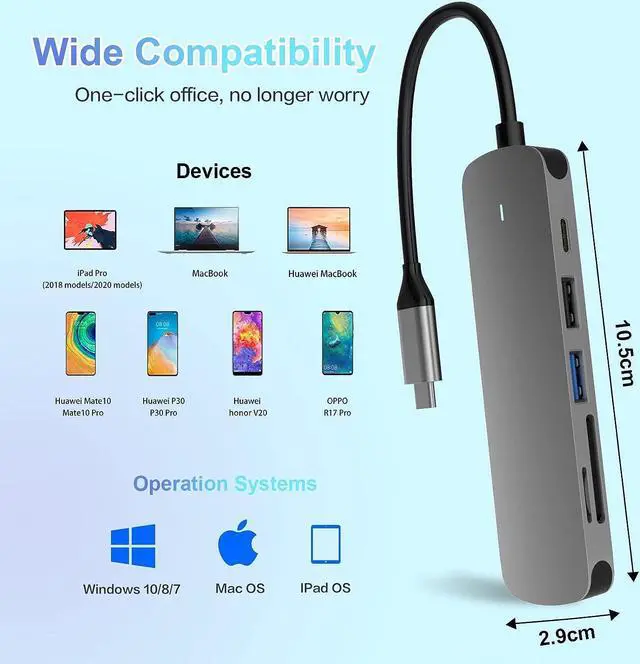 Alt view image 7 of 7 - USB C HUB, Docking Station 6 in 1 with USB 3.0 Port, USB-C Port/PD, 4K HDMI and SD/TF Card Reader, USB C Adapter Compatible with MacBook Pro/Air Laptops and Other Type-C Devices