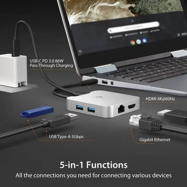 Alt view image 3 of 7 - j5create USB C Hub - 4K 60Hz HDMI, 100W PD, 2 x USB-A, Ethernet | for Steam Deck, MacBook, ChromeBook, XPS, Surface Pro (JCD391)
