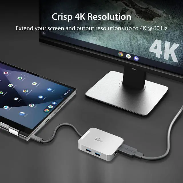 Alt view image 4 of 7 - j5create USB C Hub - 4K 60Hz HDMI, 100W PD, 2 x USB-A, Ethernet | for Steam Deck, MacBook, ChromeBook, XPS, Surface Pro (JCD391)