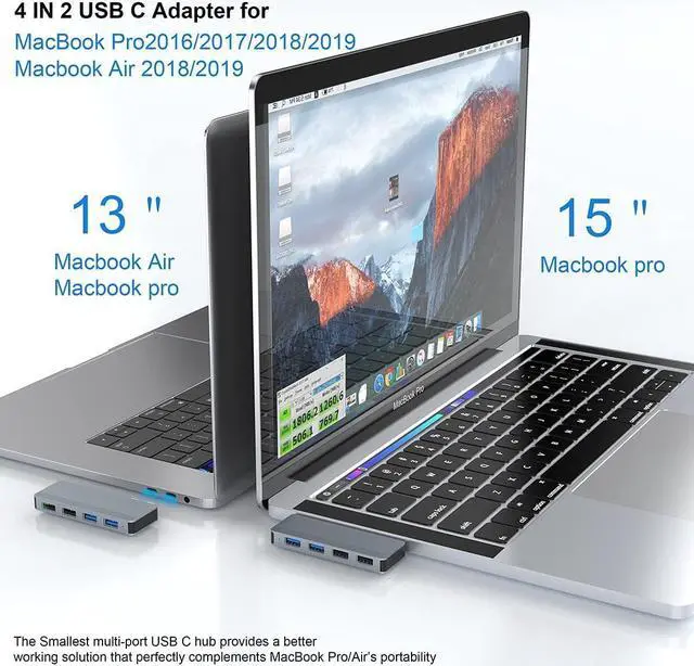 Alt view image 2 of 6 - USB C Adapter for MacBook Pro/Air, 4 in 2 USB C Hub MacBook Pro USB Adapter, Type C Dual Hub with 2 USB 3.0 and 2 USB 2.0 for MacBook Pro 2020/2019-2016, MacBook Air 2020-2018