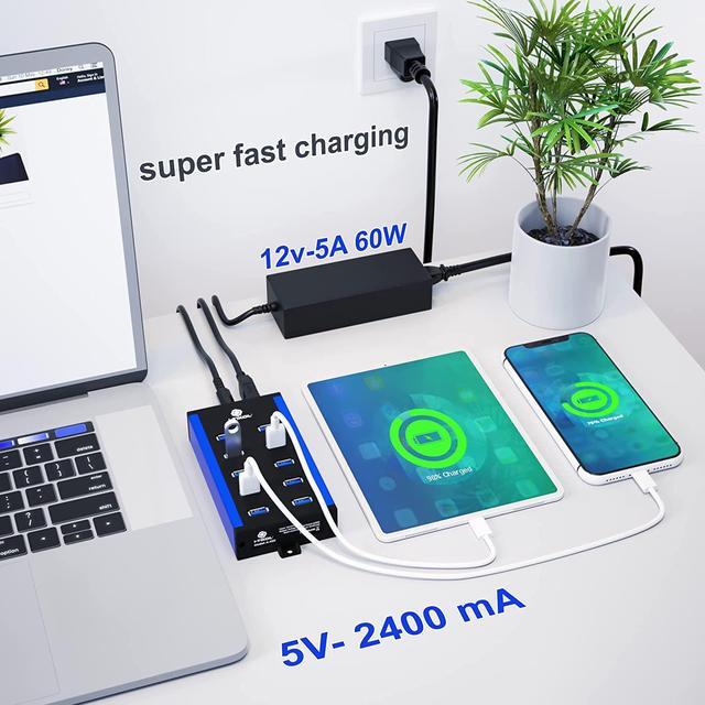 Alt view image 2 of 7 - 10 Ports Powered USB Hub - USB 3 0 Hub - USB Expander Hub 12V 5A 60W 2.4mA Power Adapter - up to 5Gbps High-Speed USB Splitter - Aluminum Alloy Multiple USB Port Hub for Laptop Phone Tablet PC