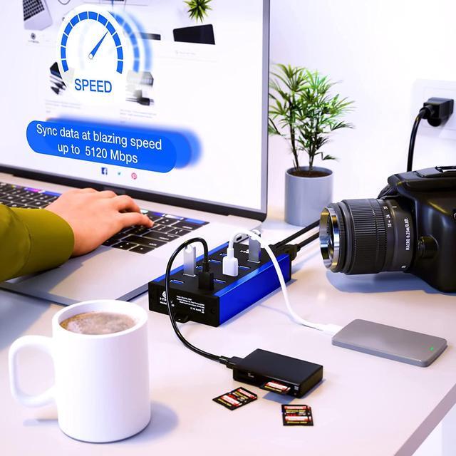Alt view image 3 of 7 - 10 Ports Powered USB Hub - USB 3 0 Hub - USB Expander Hub 12V 5A 60W 2.4mA Power Adapter - up to 5Gbps High-Speed USB Splitter - Aluminum Alloy Multiple USB Port Hub for Laptop Phone Tablet PC