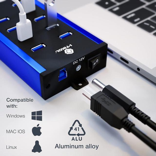 Alt view image 4 of 7 - 10 Ports Powered USB Hub - USB 3 0 Hub - USB Expander Hub 12V 5A 60W 2.4mA Power Adapter - up to 5Gbps High-Speed USB Splitter - Aluminum Alloy Multiple USB Port Hub for Laptop Phone Tablet PC