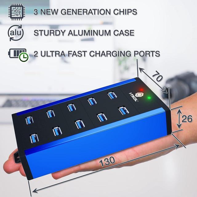 Alt view image 5 of 7 - 10 Ports Powered USB Hub - USB 3 0 Hub - USB Expander Hub 12V 5A 60W 2.4mA Power Adapter - up to 5Gbps High-Speed USB Splitter - Aluminum Alloy Multiple USB Port Hub for Laptop Phone Tablet PC