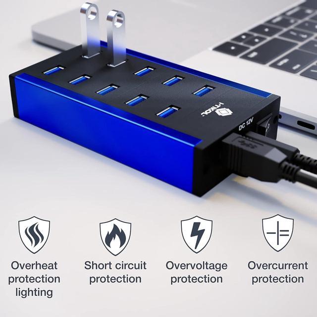 Alt view image 6 of 7 - 10 Ports Powered USB Hub - USB 3 0 Hub - USB Expander Hub 12V 5A 60W 2.4mA Power Adapter - up to 5Gbps High-Speed USB Splitter - Aluminum Alloy Multiple USB Port Hub for Laptop Phone Tablet PC