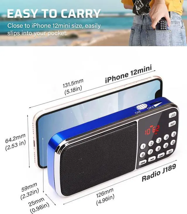 Alt view image 2 of 6 - PRUNUS J-189 Bluetooth AM FM Radio, Small Portable Radios - Dual Speaker Heavy Bass, LED Flashlight, Pocket Size, TF Card USB AUX MP3 Player, Rechargeable Battery Operated Small Radio(Blue)
