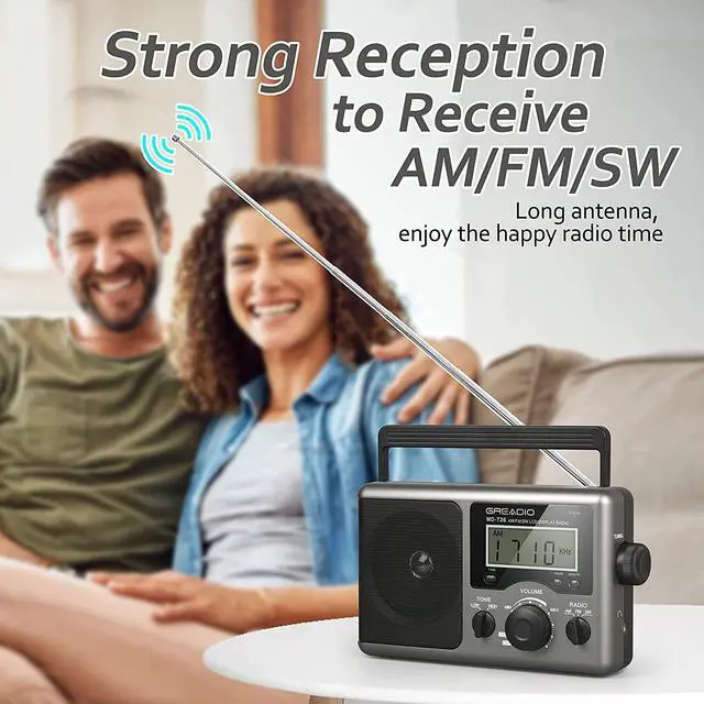 Alt view image 2 of 7 - Greadio Portable Shortwave Radio with Best Reception,AM FM Transistor,LCD Display,Time Setting,Battery Operated by 4 D Cell Batteries or AC Power,Big Speaker,Earphone Jack for Gift,Elder,Home