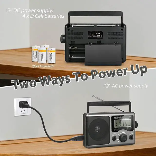 Alt view image 4 of 7 - Greadio Portable Shortwave Radio with Best Reception,AM FM Transistor,LCD Display,Time Setting,Battery Operated by 4 D Cell Batteries or AC Power,Big Speaker,Earphone Jack for Gift,Elder,Home