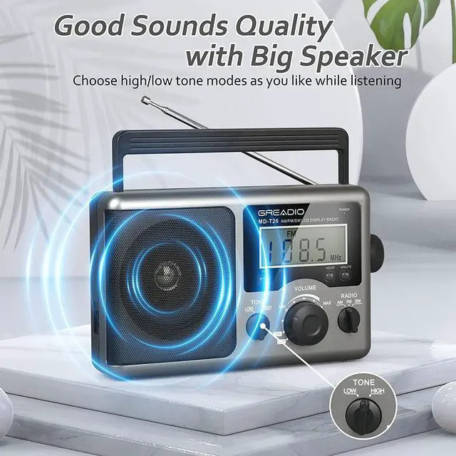 Alt view image 5 of 7 - Greadio Portable Shortwave Radio with Best Reception,AM FM Transistor,LCD Display,Time Setting,Battery Operated by 4 D Cell Batteries or AC Power,Big Speaker,Earphone Jack for Gift,Elder,Home