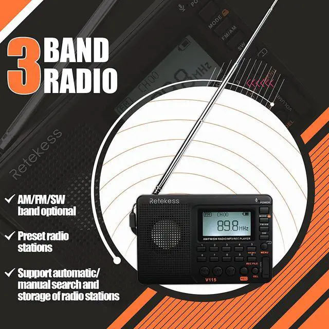 Alt view image 3 of 7 - Retekess V115 Shortwave Radio, Digital Radio AM FM | for Camping, Shortwave Receiver,1000mAh Rechargeable Battery, Presets, TF/AUX Playback, Recording, Bass Speaker