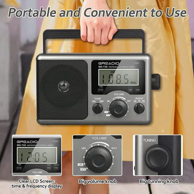 Alt view image 3 of 7 - Greadio Portable Shortwave Radio with Best Reception,AM FM Transistor,LCD Display,Time Setting,Battery Operated by 4 D Cell Batteries or AC Power,Big Speaker,Earphone Jack for Gift,Elder,Home