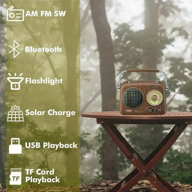 Alt view image 2 of 7 - Gelielim Radios Portable AM FM SW,Vintage Radio Bluetooth Speaker with Crystal Clear Sound, Rechargeable Battery Powered, Retro Small Radio with Solar Panel & Flashlight, Gifts for Seniors Elderly