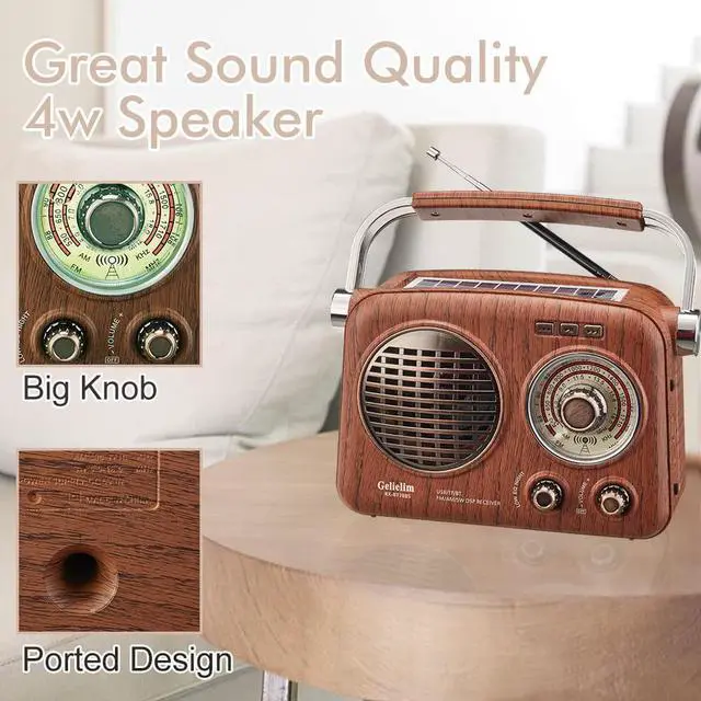 Alt view image 3 of 7 - Gelielim Radios Portable AM FM SW,Vintage Radio Bluetooth Speaker with Crystal Clear Sound, Rechargeable Battery Powered, Retro Small Radio with Solar Panel & Flashlight, Gifts for Seniors Elderly